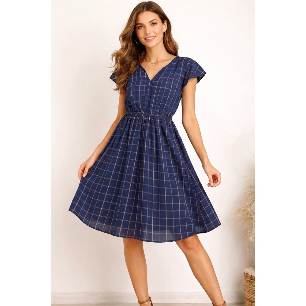 Old Navy Women's Blue Plaid Midi Dress M Petite Flutter Sleeve V-Neck